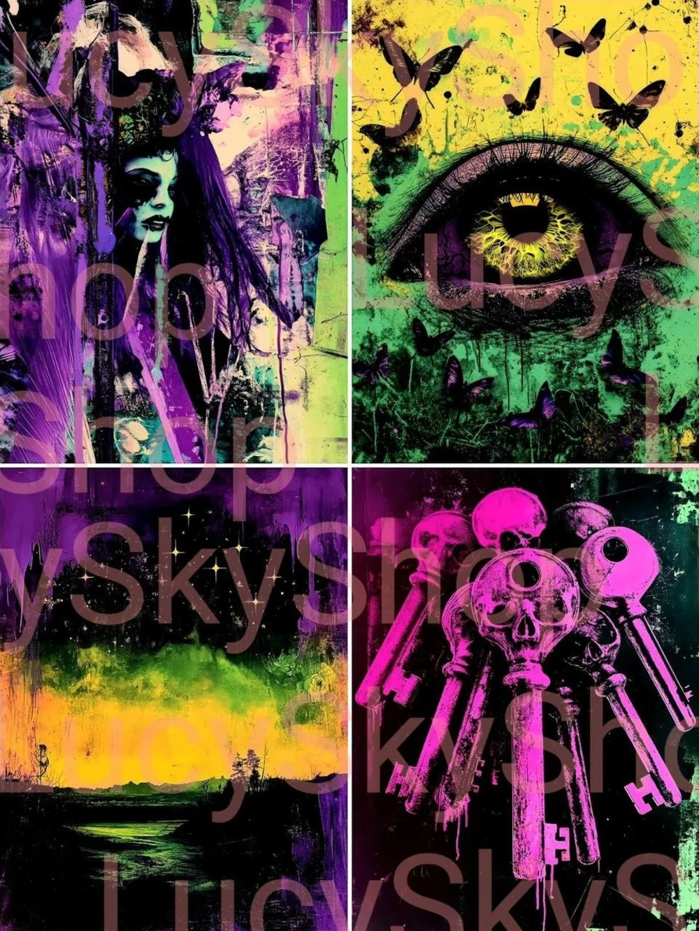 Witchy Surreal Large Sticker 16 Set Handmade Whimsy Goth Dreamy Neon w GLITTER